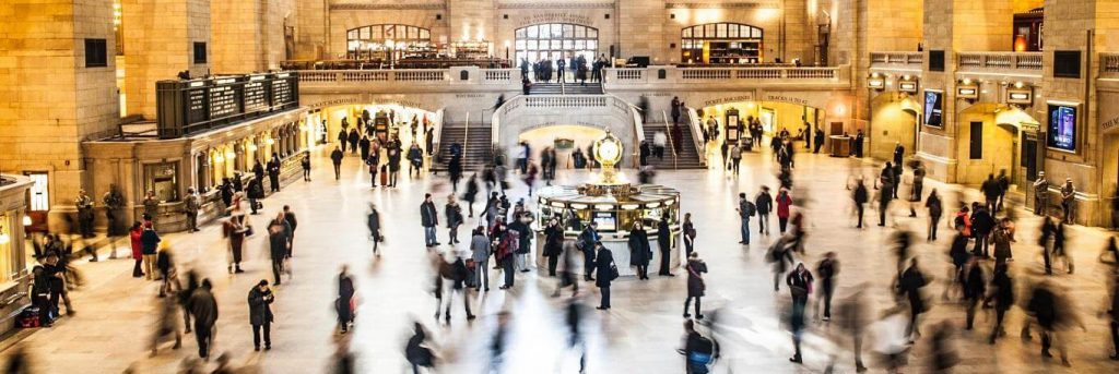 busy crowded hall in big business building