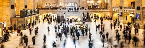 busy crowded hall in big business building