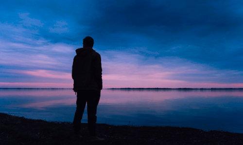 man, sad, contemplating, lake
