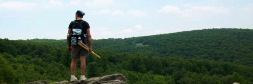 man standing on rock looking green forest in peaceful cloudy sky