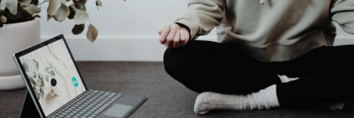 person legs crossed meditate beside laptop plant pot