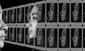 woman serious face reflected on iphone screens