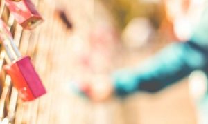 pink locks hanging on golden fence
